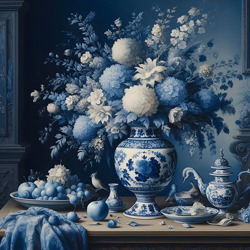 Still life; Delft blue vase with white and blue flowers