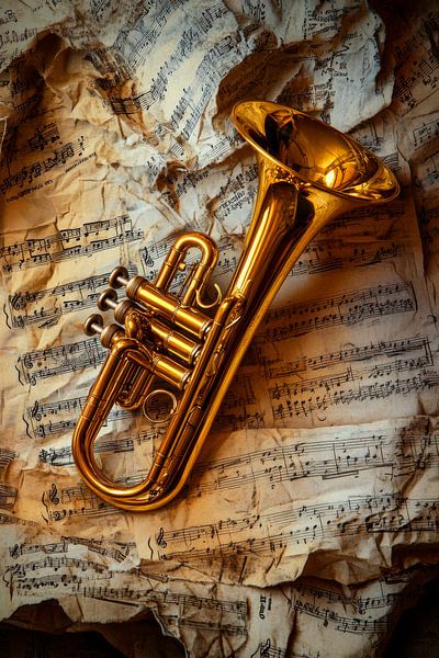 Shiny trumpet on sheet music by Poster Art Shop