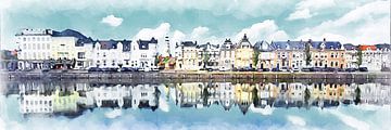 Panorama aquarel op canvas van de Loskade, Middelburg, Zeeland van Danny de Klerk