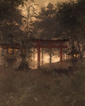 Japanse schrijn met rode torii Toegangspoort in mystiek licht van Besa Art