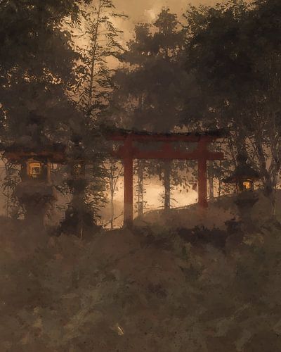 Japanse schrijn met rode torii Toegangspoort in mystiek licht