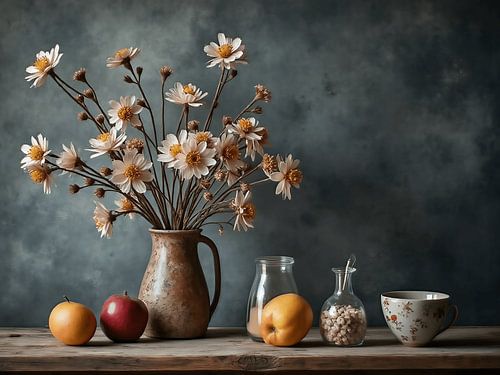 Stilleven met bloemen, fruit en servies