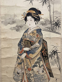 Une élégante geisha de l'époque d'Edo à l'ombre des bambous sur my pixel art