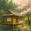 Japans theehuis aan het water met kersenbloesem (dromerig, schilderachtig, schilderij, dikke verf, natuur, rustgevend, zonnig, wabi sabi, tiny house) van Natalie Bruns