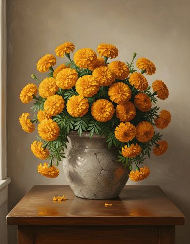Goudsbloem (Tagetes erecta) in een pot van natuursteen
