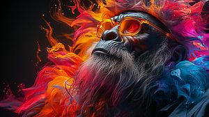 Porträt eines Gorillas mit Sonnenbrille und einem bunten Spritzer