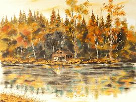 Hut aan het meer: Een moment van de herfst