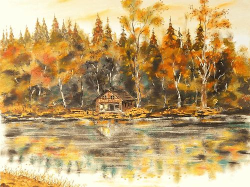 Hut aan het meer: Een moment van de herfst