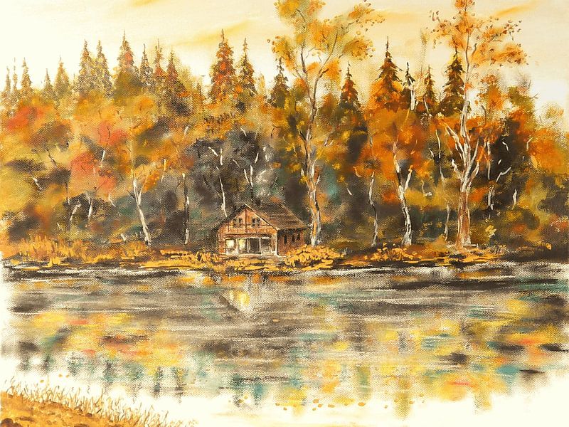 Cabane au bord du lac : Un moment d'automne par Artistic