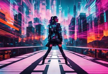 Cyberpunk vrouw in de grote stad