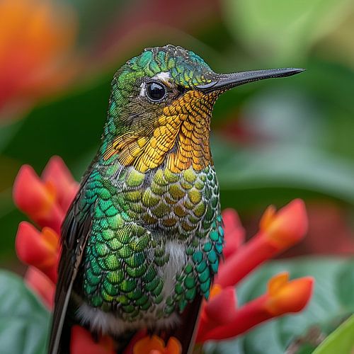 Close up of a Hummingbird on Red Flowers