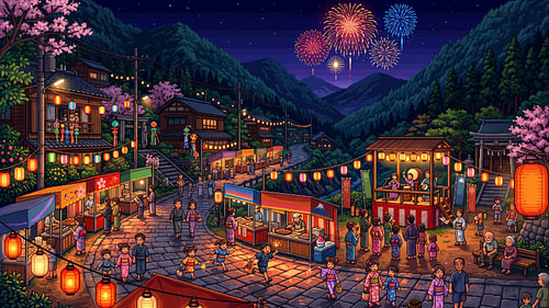 Japanisches Sommerfest in einem Bergdorf – Feuerwerk und Laternen im Pixel-Art-Stil