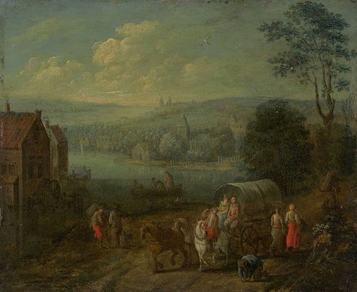 Rivierlandschap met dorpen en reizigers, Peeter Gijsels