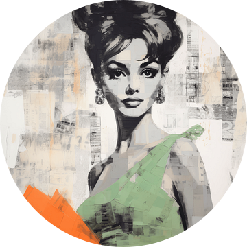 Vintage collage, portret in zwart-wit met een vleugje oranje en groen van Studio Allee
