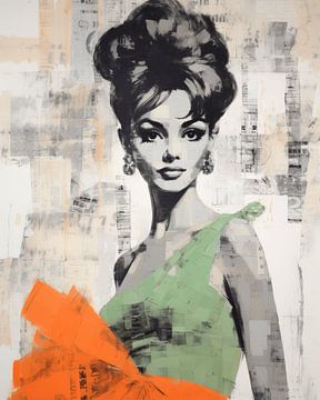 Vintage collage, portrait in black and white with a touch of orange and green by Studio Allee