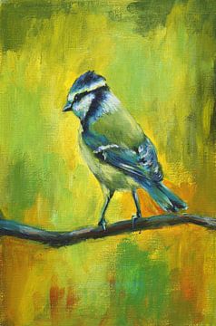 Blue tit bird portrait painting by Karen Kaspar