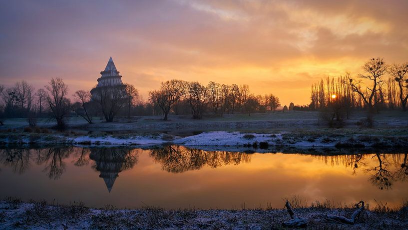 Old Elbe in Magdeburg with millennium tower in the Elbauenpark by Heiko Kueverling