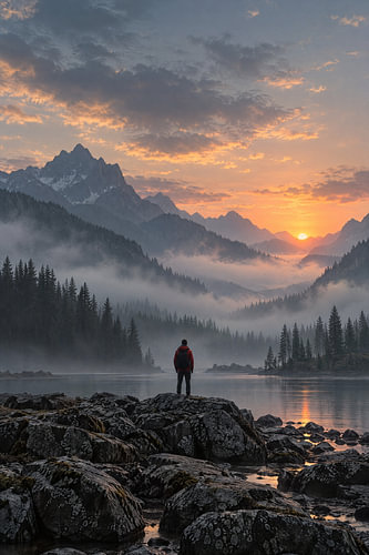 A misty morning by the mountain lake – a walker on the shore