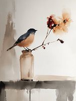 Stilleben mit einem Vogel und Blumen