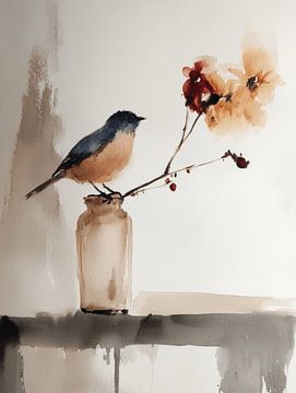 Stilleven met een vogeltje en bloemen van Japandi Art Studio