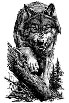„Angry Wolf“ – Detaillierte Vintage-Strichzeichnung