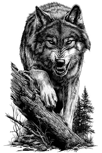„Angry Wolf“ – Detaillierte Vintage-Strichzeichnung