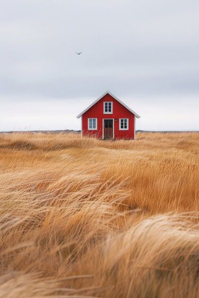 Red hut in a wide field by Poster Art Shop