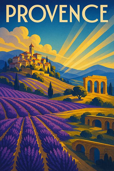 Provence Art Deco Poster – Lavender Fields &amp; Golden Sunlight by Travel Shop