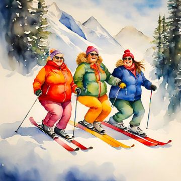 3 gesellige Damen beim Skifahren von De gezellige Dames