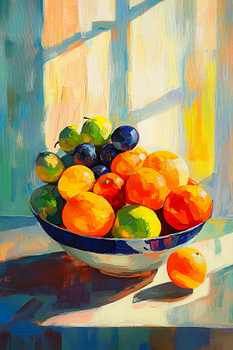 Nature morte colorée avec fruits à la lumière du soleil - Style de peinture moderne