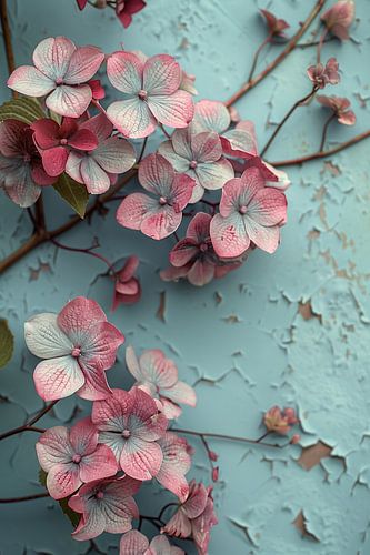 Roze bloemen tegen verweerde blauwe muur