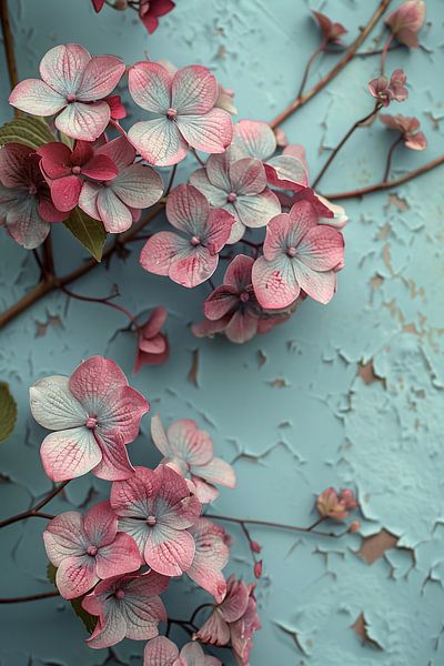 Rosa Blumen vor verwitterter blauer Wand von Art & Soul Creations