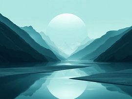 Celestial Serenity: A Luminous Full Moon Reflected in a Tranquil Mountain Lake at Dusk by Artistic