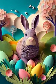 Easter bunny with colourful Easter eggs in the grass with birch trees by Jörg B. Schubert