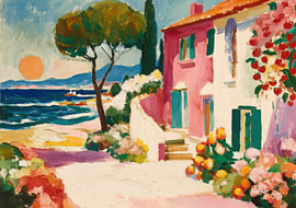 Mediterrane Küste mit rosafarbenem Haus und großer Sonne von Niklas Maximilian