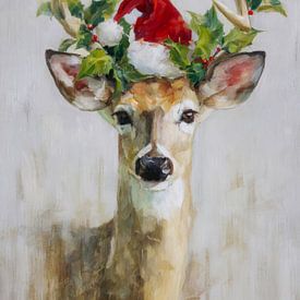 Christmas stag with holly and red hat - winter painting style full of character by But First Framing