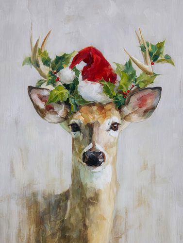 Cerf de Noël avec houx et chapeau rouge - style peinture d'hiver pleine de caractère
