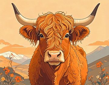 Schotse hooglander gekleurde tekening frontaal van Emiel de Lange