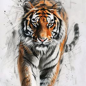 Sibirischer Tiger (Federzeichnung in Farbe) von Fotografie Gina Heynze