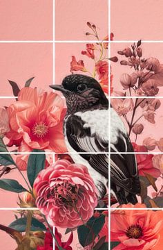 Bird in Pink Flowers van Marja van den Hurk