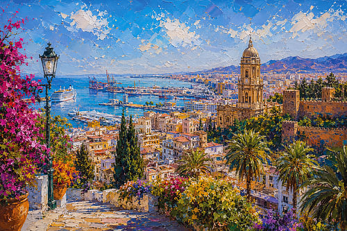 A painting of Málaga – a beautiful city in Spain.