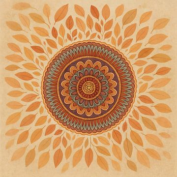 Fleur du cœur – Mandala orange, bleu sarcelle et marron