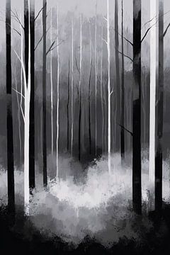 Monochrome Waldlandschaft im Nebel von De Muurdecoratie