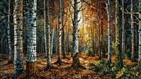Forêt de bouleaux magique au coucher du soleil dans les tons chauds de la terre