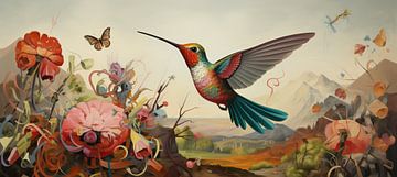 Colibri en fleurs | Peinture colibri sur Blikvanger Schilderijen