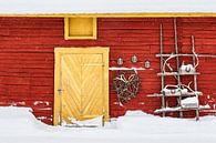 Detail of a red wooden hut in winter in Kuusamo, Finland by Rico Ködder thumbnail