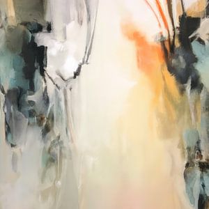 Moderne abstrakte Malerei in Weiß, Schwarz, Orange, Blau und Grün