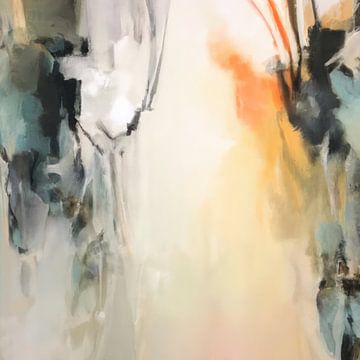 Peinture abstraite moderne en blanc, noir, orange, bleu et vert. sur Studio Allee