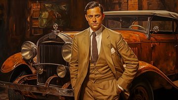 Independent American man. Old American 1920 years old vintage car, art deco painting illustration design by Animaflora PicsStock