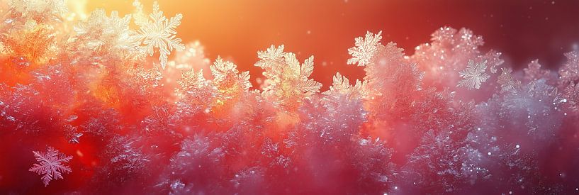 Image of Ice Crystals and Snowflakes on Reddish-Orange Backgroun by de-nue-pic